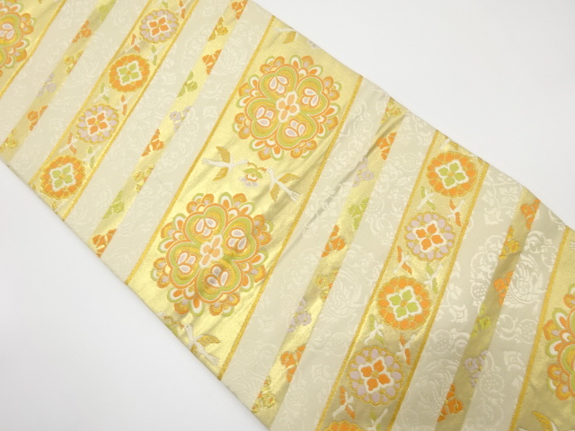 斜め縞に華紋・花喰い鳥模様織り出し袋帯